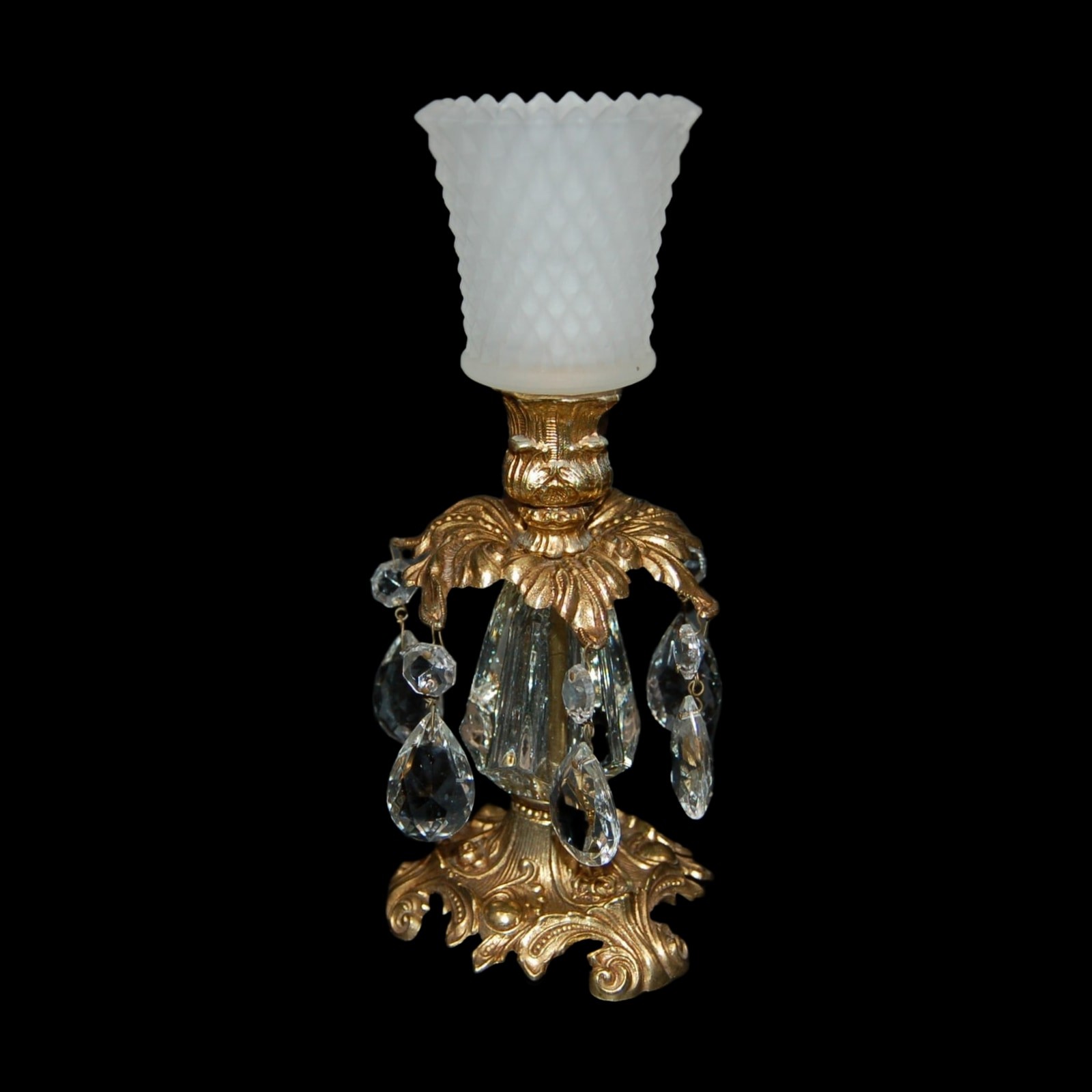 VINTAGE L&L WMC 1973 BRASS HOLLYWOOD REGENCY CANDLEHOLDER CRYSTALS FROSTED GLASS