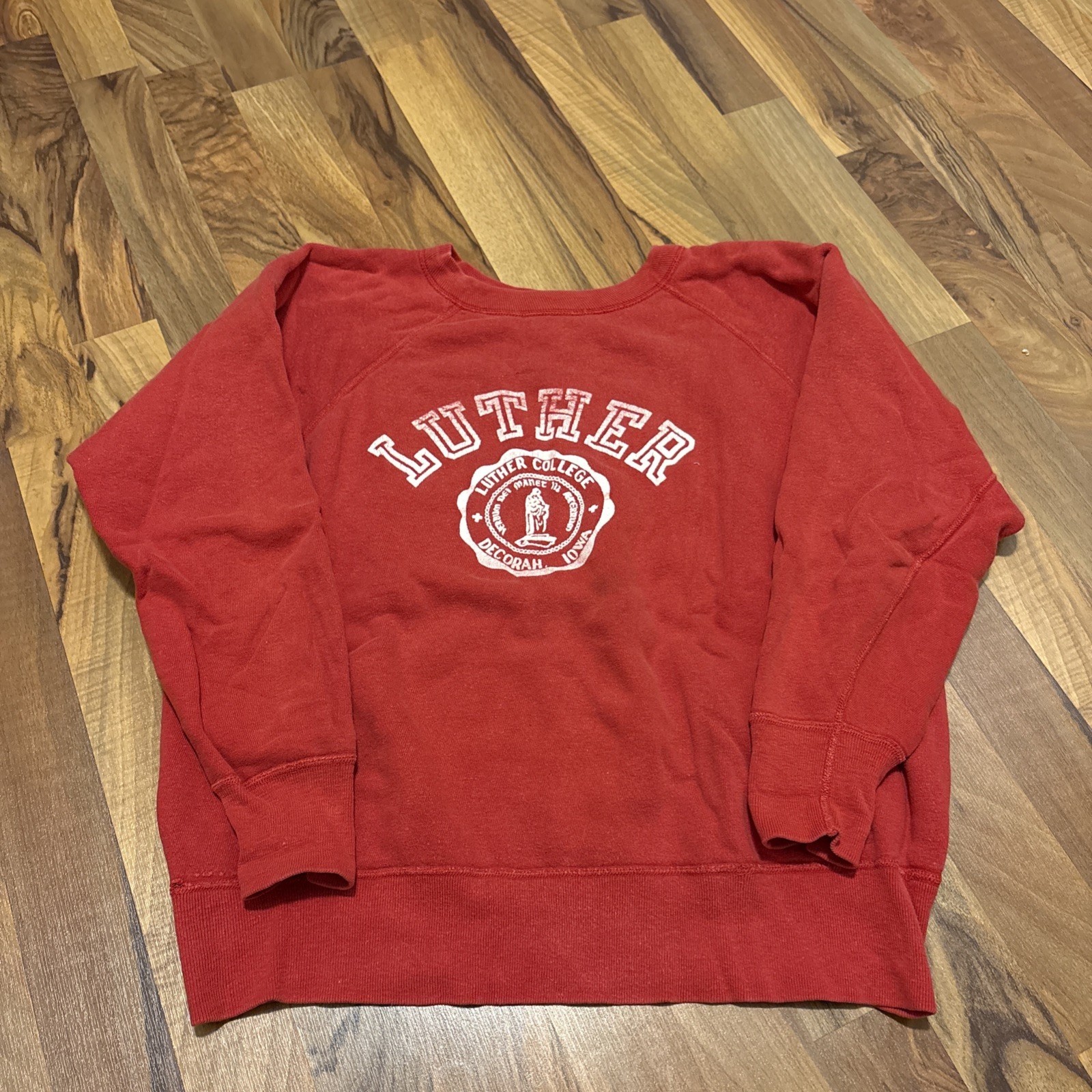 Vintage 60s Champion Running Man Luther College Sweatshirt Red Raglan 20.5x22.5