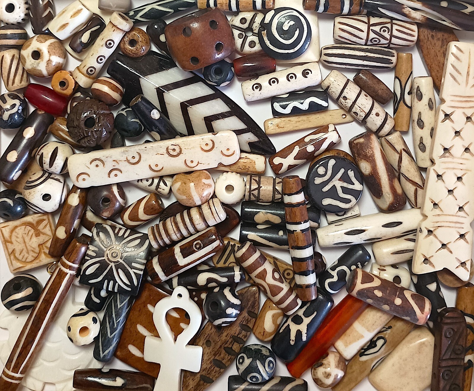 Buffalo Bone Beads & Pendants, 99 Pcs, Singles, 42 Spacers, 52 Larger, 5 Pendant