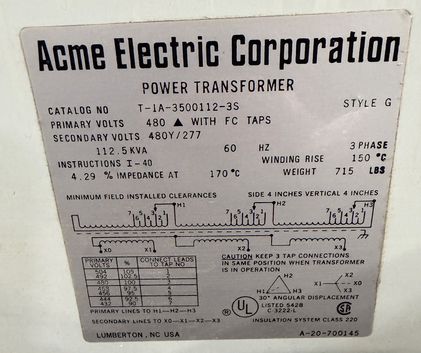 ACME TRANSFORMER T-1A-3500112-3S 112.5 KVA PRI: 480 VOLT SEC: 480Y/277 *WORKS*