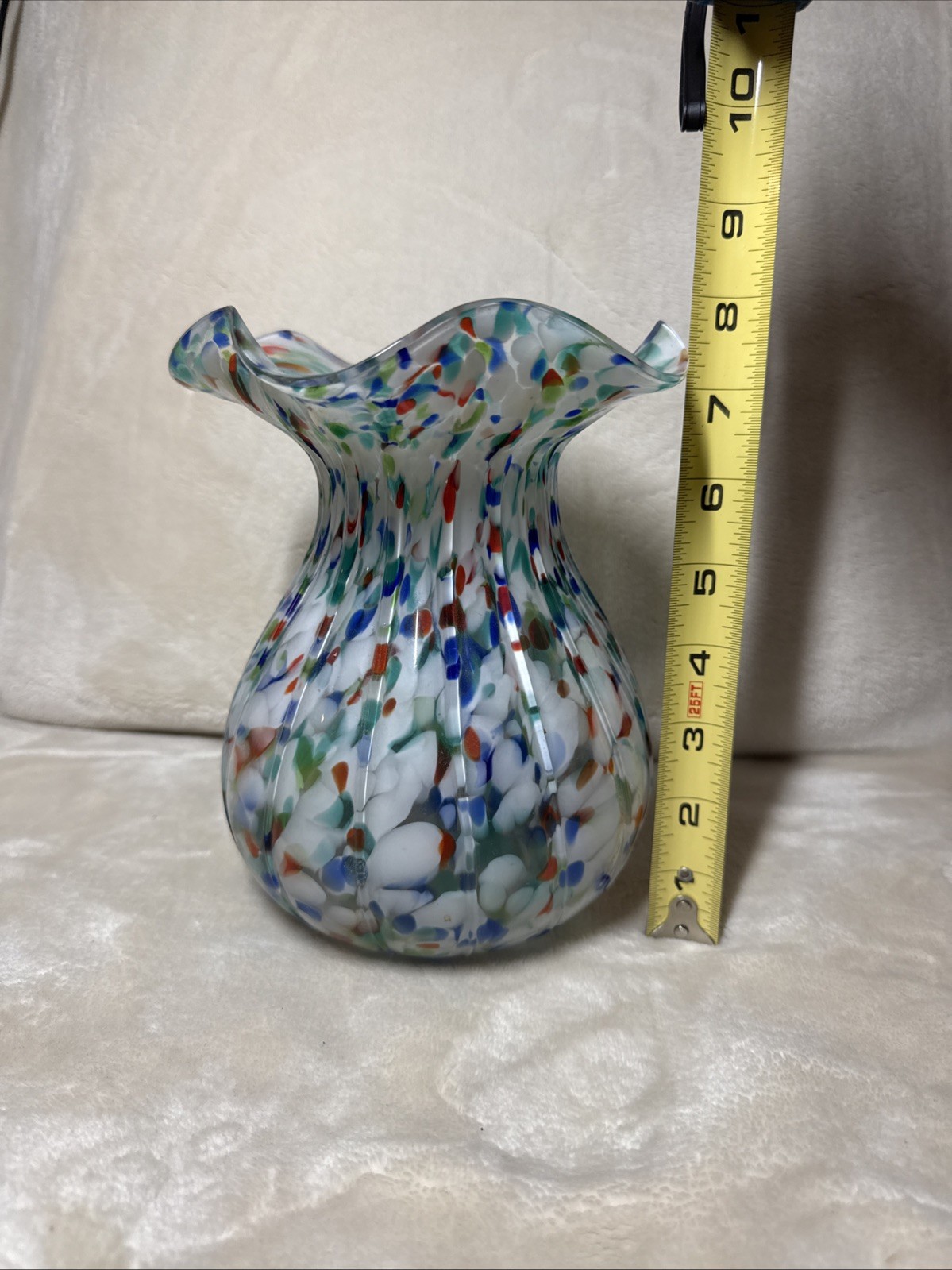 Hand-Blown Art Glass Vase with Ruffled Rim Confetti Speckled Design