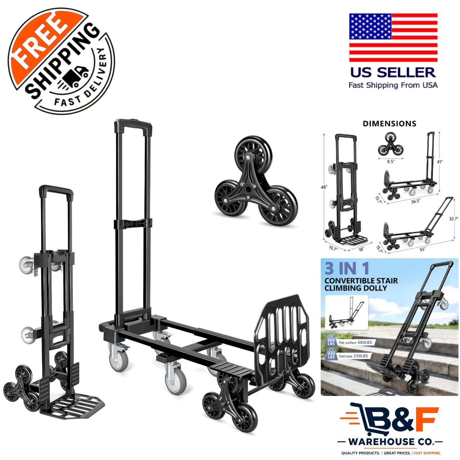Foldable 3-in-1 Dolly for Stairs - 660LB Capacity with Brakes & Expandable Base