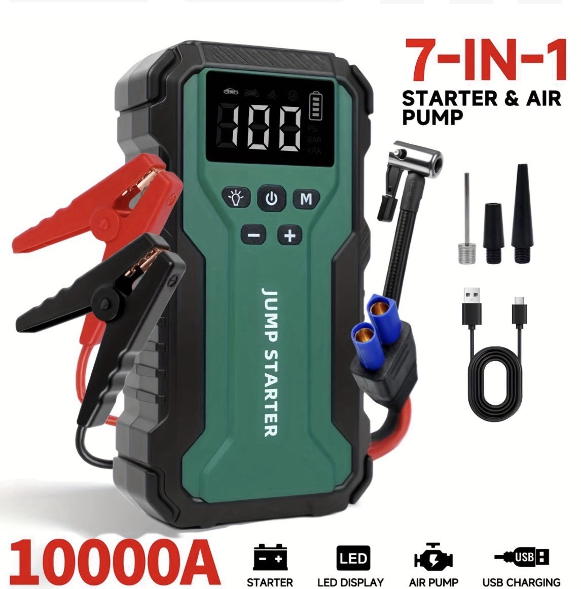 10000A 7-in-1 Car Jump Starter Air Compressor 150PSI Battery Booster LED