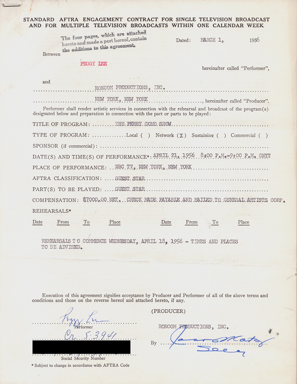 PEGGY LEE - CONTRACT SIGNED 03/01/1956
