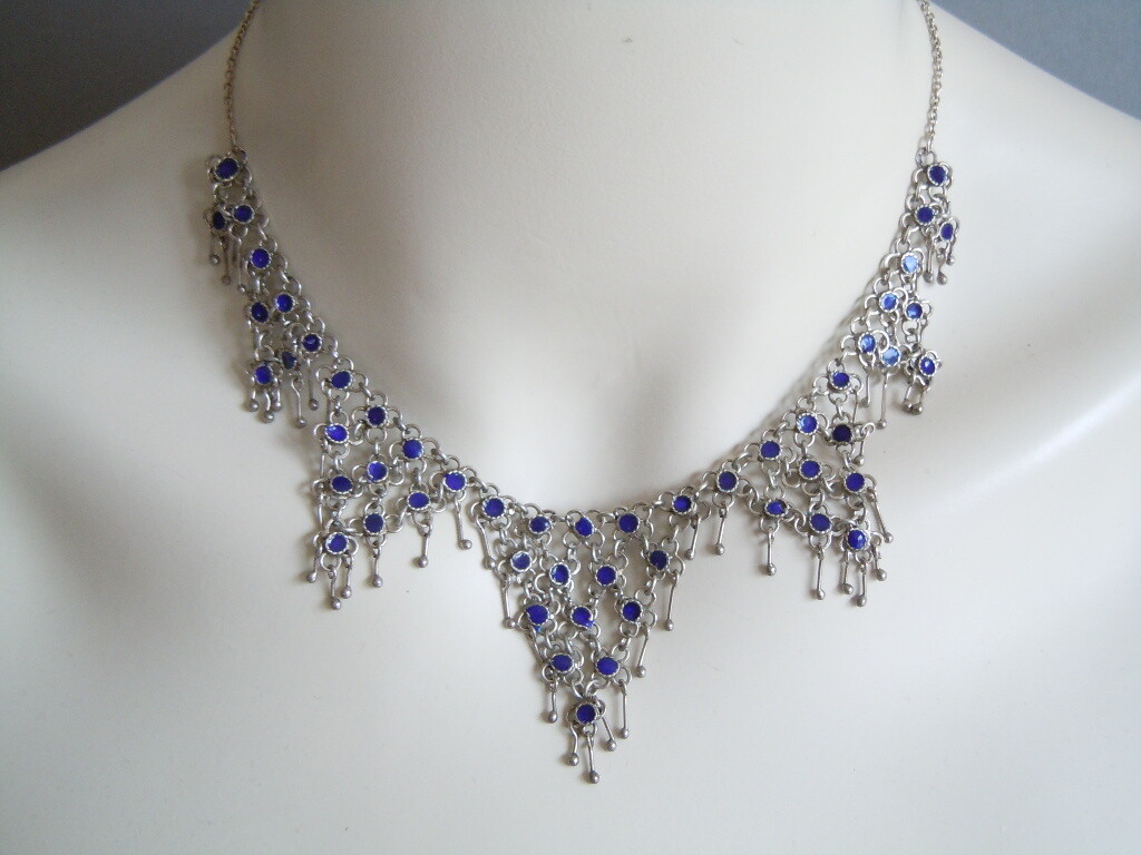 Collar Necklace Silver Verified Enamel Blue 20.7 G/Length 38.5 Cm Or 41 Cm