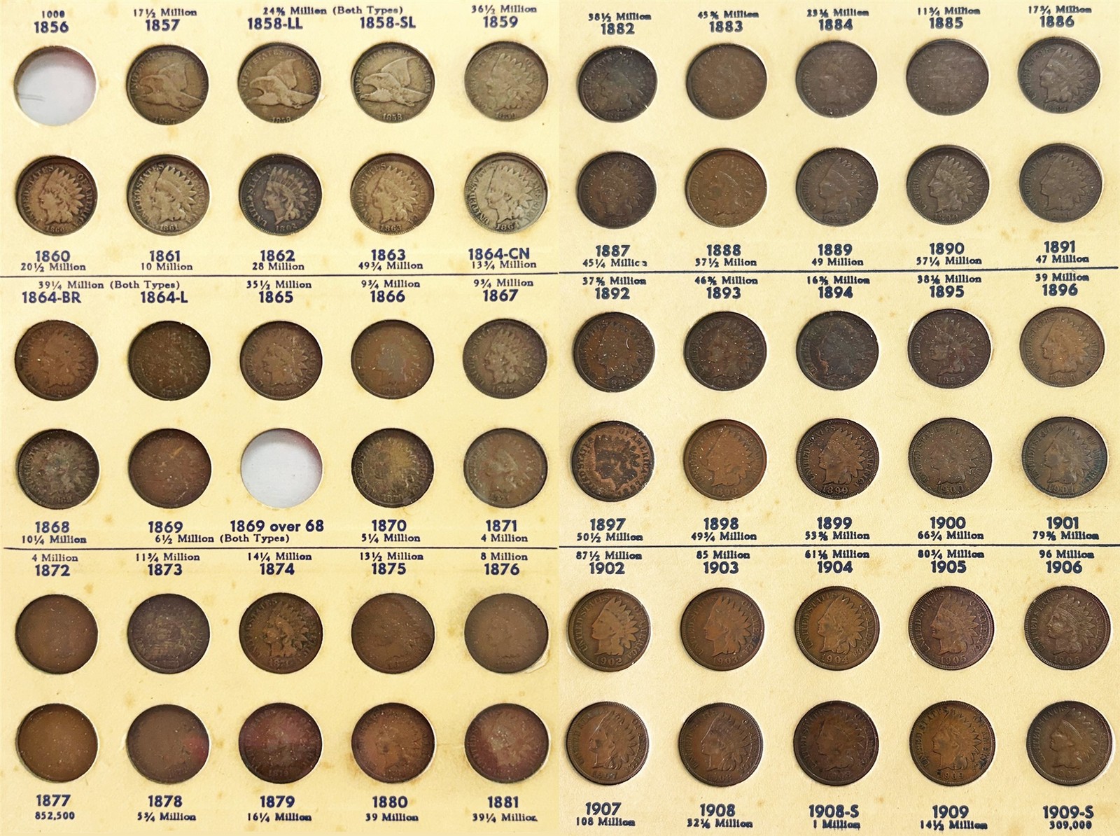 1857-1909  FLYING EAGLE & INDIAN HEAD PENNY 58 COIN SET LIBRARY OF COINS