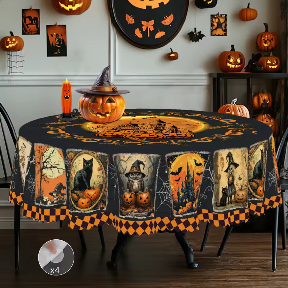 1 Halloween Themed Tablecloth, Black Cat, Pumpkin, Ghost, Castle Pattern Design