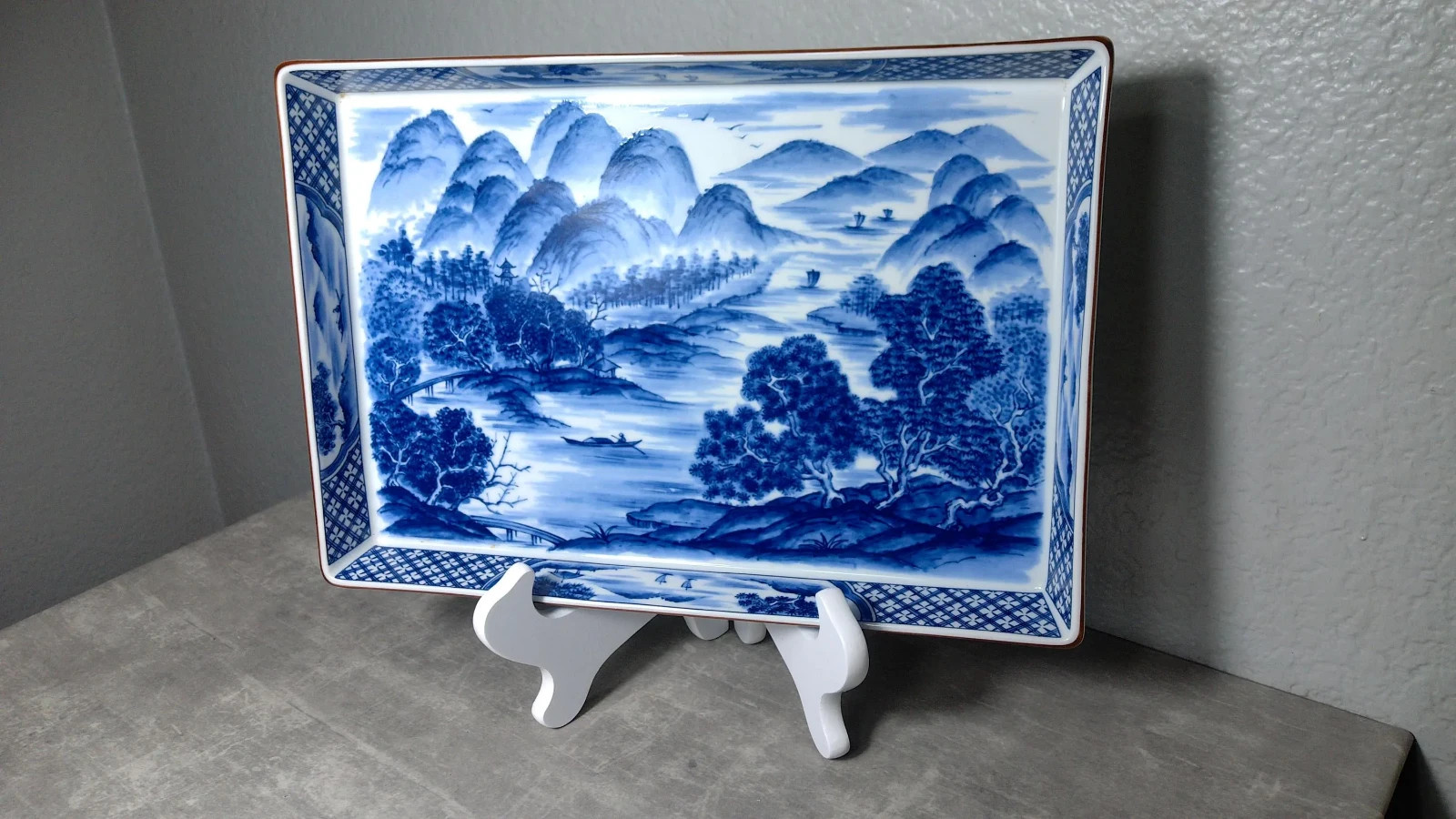 Vintage Japanese Sometsuke Blue & White Porcelain Landscape Tray Showa Period
