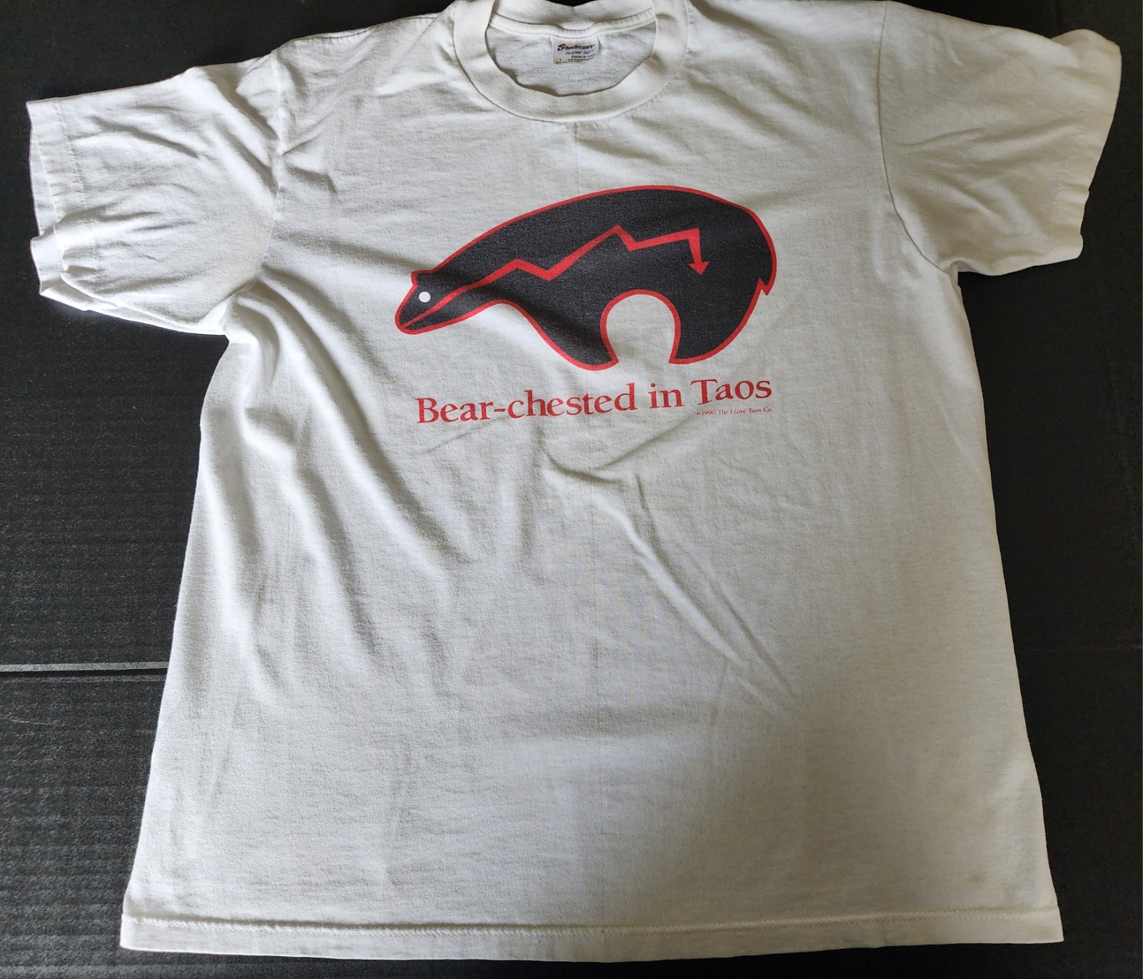 Vintage 90\'s Bear Chested In Taos Graphic T Shirt Single Stitch White Size Large
