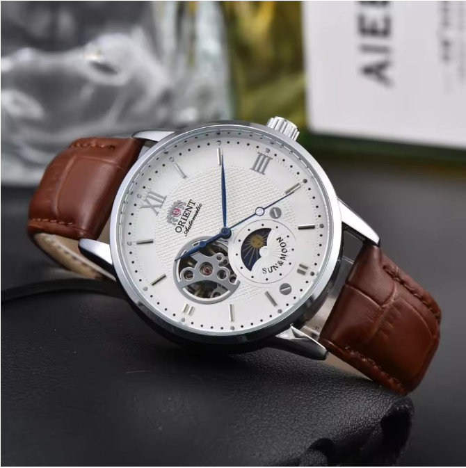 Sun & Moon Semi Skeleton Automatic Watch Men's Leather Strap Luxury Gift