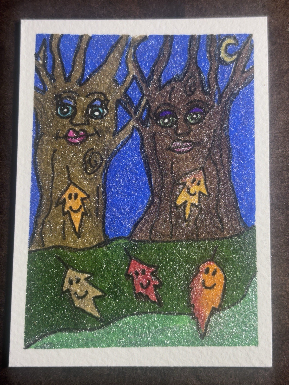 ACEO The Fall Tree Mamas With Their Leaves Marker Stacy Hedrick Art 2.5\