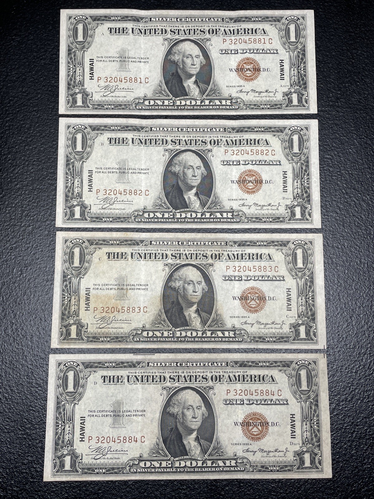 4 Consecutive - 1935 A - Hawaii Overprint - Silver Certificate - Brown Seal