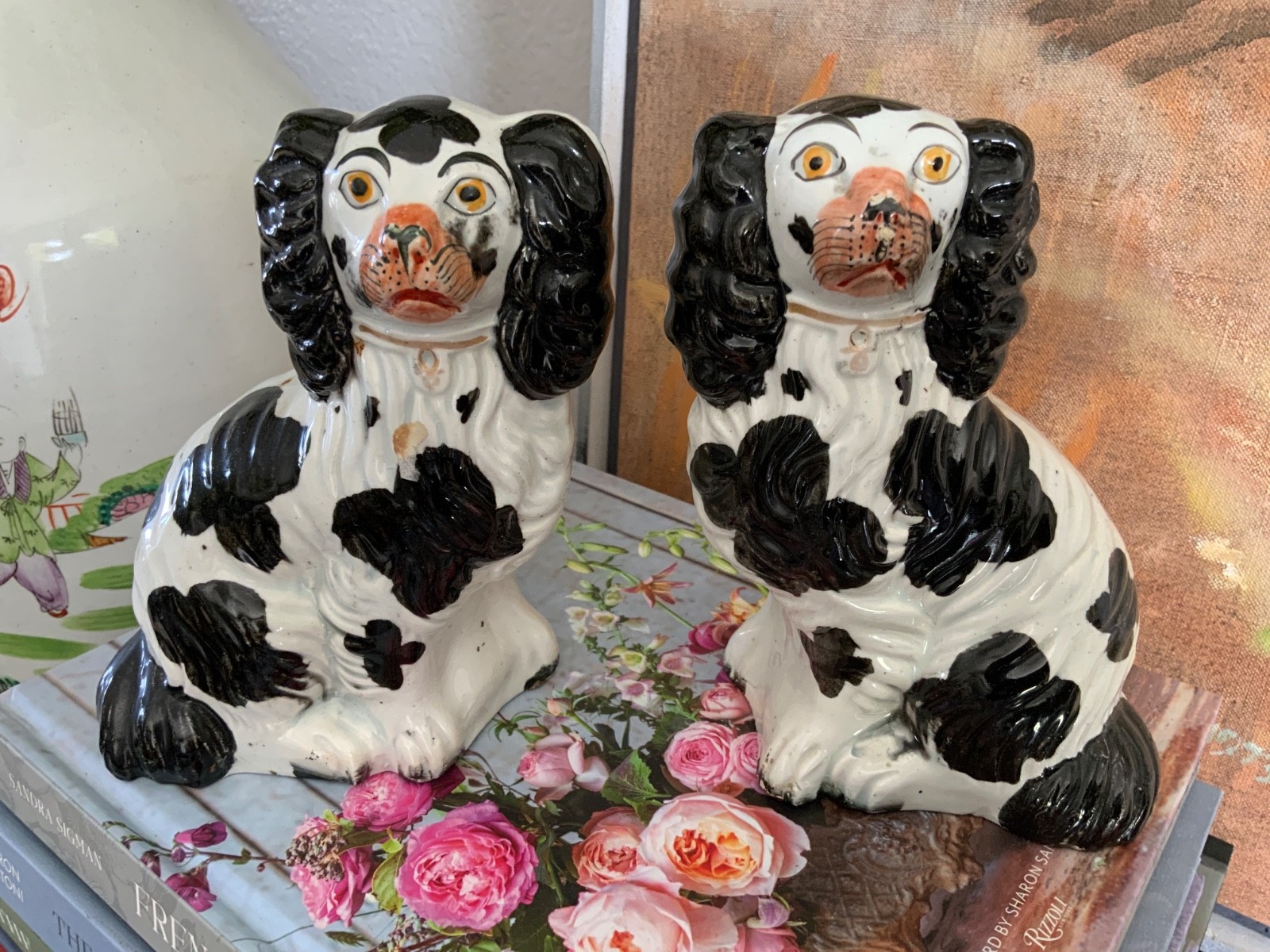 Pair Antique Staffordshire English Pottery Spaniel Dogs Black & White Circa 1870