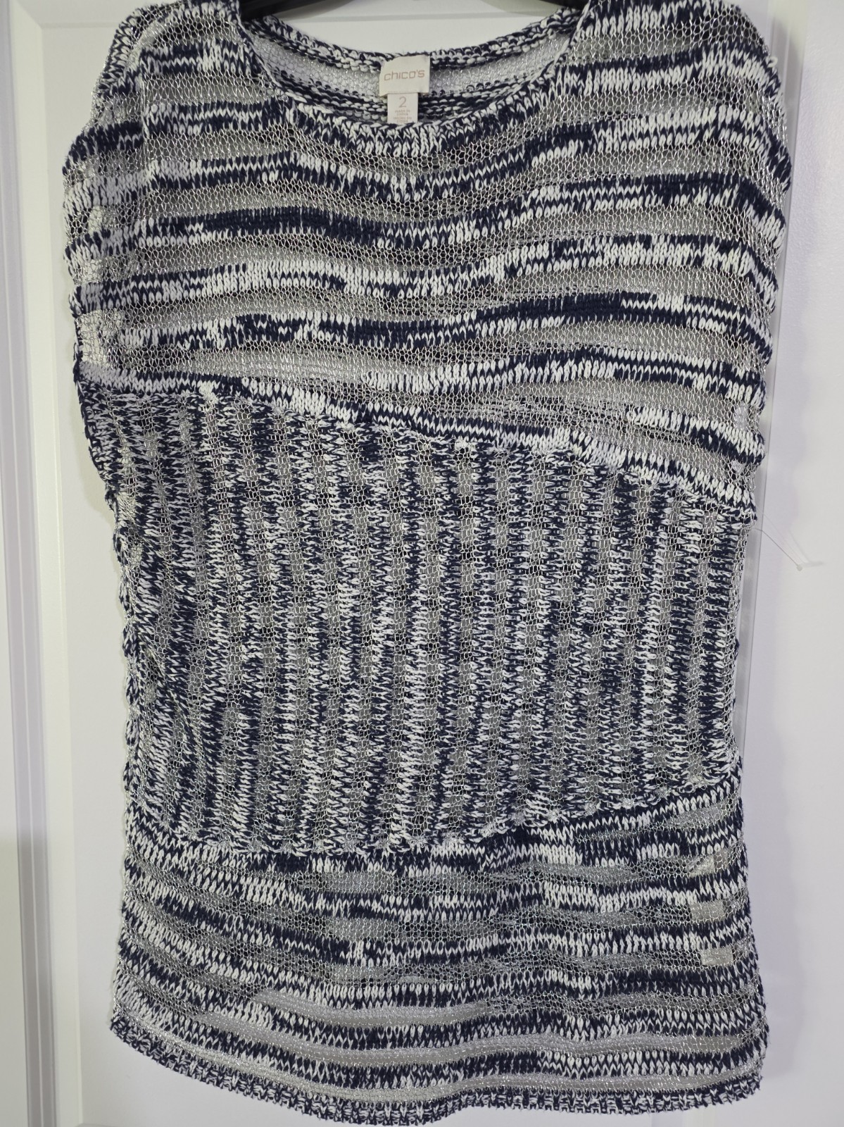 Chico\'s Blue White Silver Metallic Crochet Pullover Knit Top Size 2 (L) Chico\'s Blue White Silver Metallic Crochet Pullover Knit Top Size 2 (L)