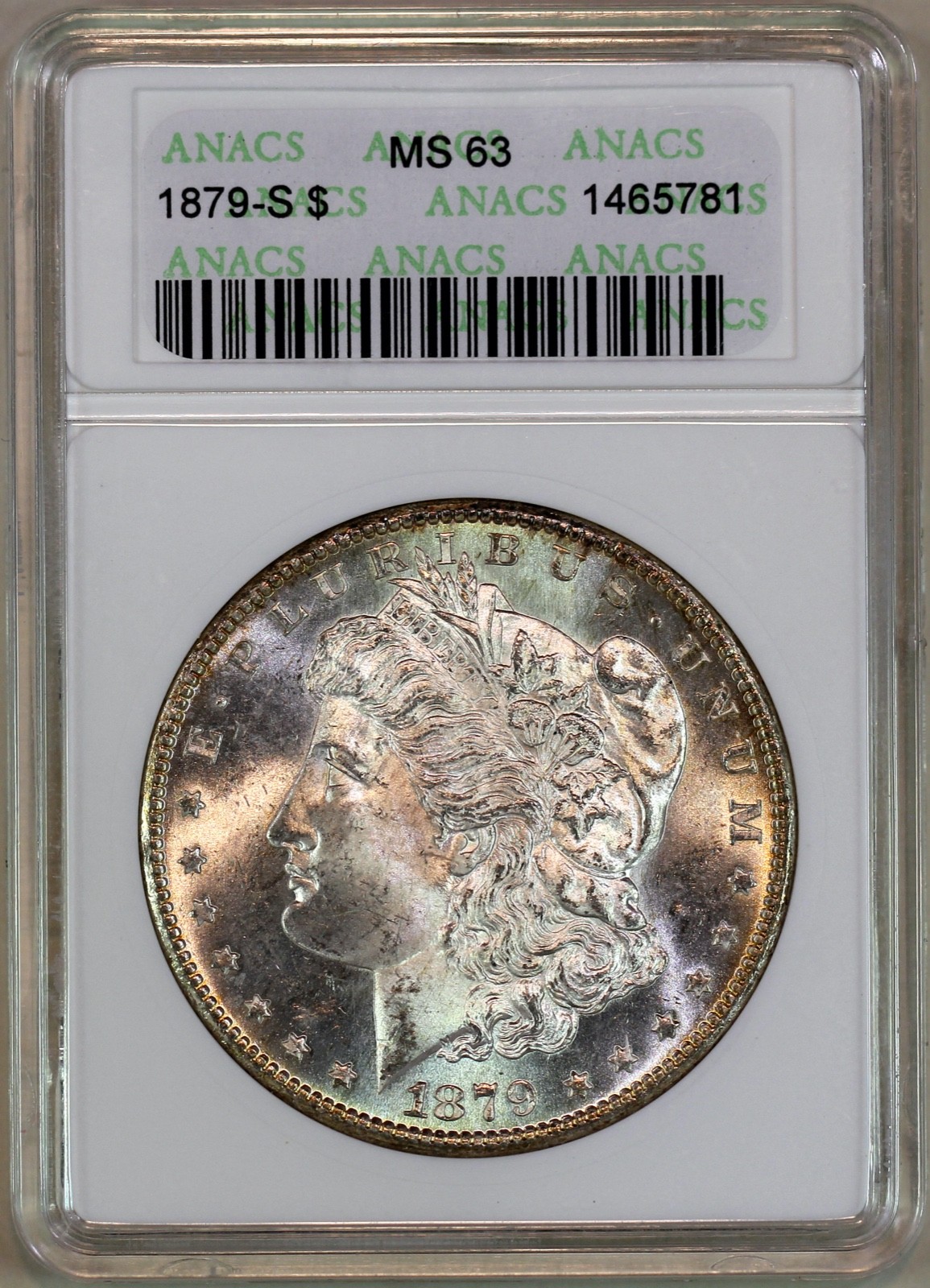 * 1879-S * ANACS MS63 MORGAN SILVER DOLLAR * OLD SOAP BOX HOLDER *