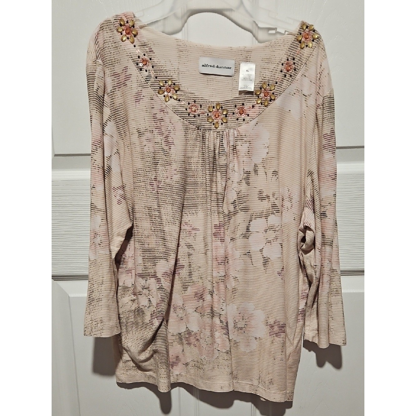 Alfred Dunner Blush Floral Embellished Scoop Neck Long Sleeve Top