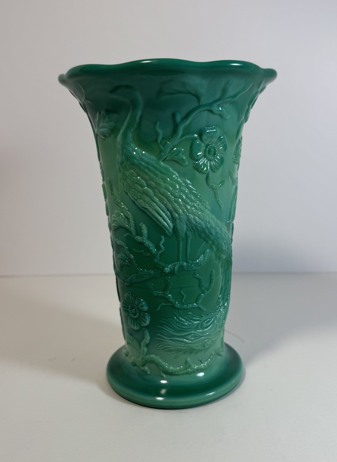 Vintage Rare Fenton Mongolian Green Peacock Garden 7-3/4” Tall Vase Vintage Rare Fenton Mongolian Green Peacock Garden 7-3/4” Tall Vase