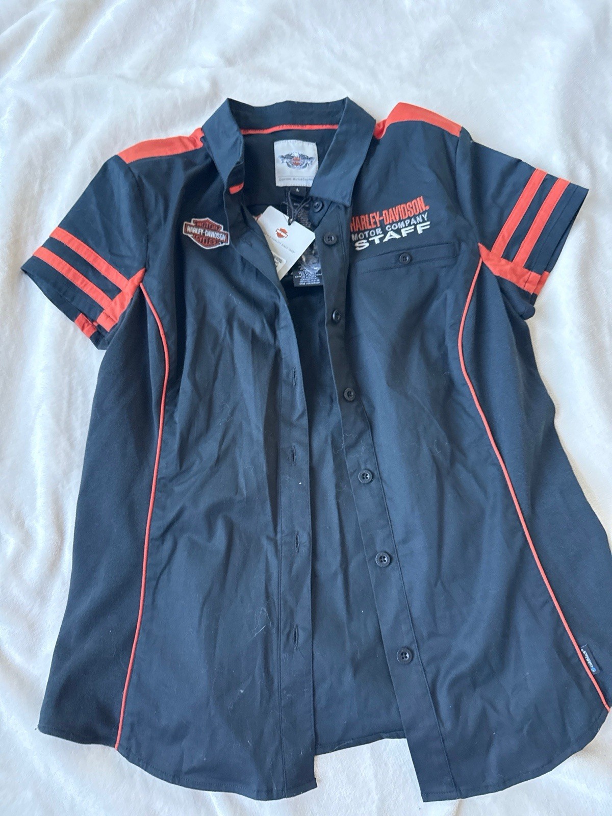 Harley-Davidson Women’s Large Black Orange Staff Button-Up Shirt - New With Tags Harley-Davidson Women’s Large Black Orange Staff Button-Up Shirt - New With Tags