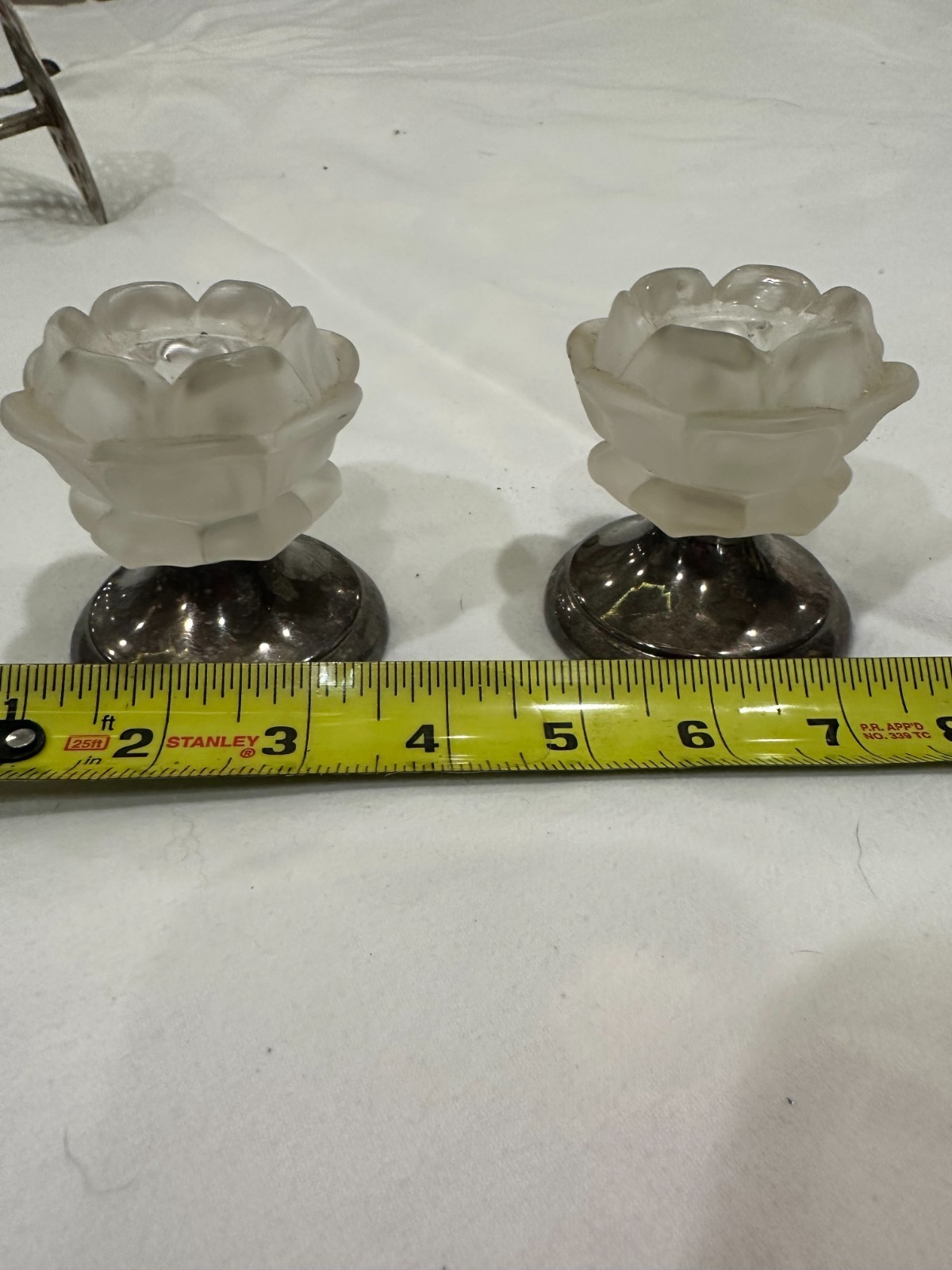 Vintage Frosted Glass Rose Candle Holders Pair Silver Tone Possibly Silverplate
