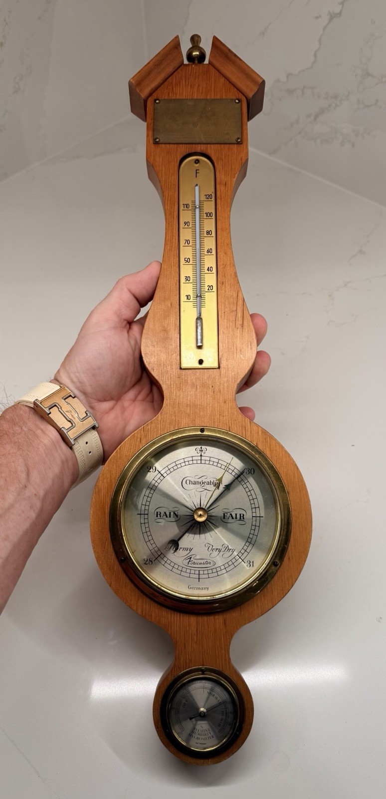 Vtg West Germany Wood Banjo Weather Station Barometer Thermometer Hygrometer 20”