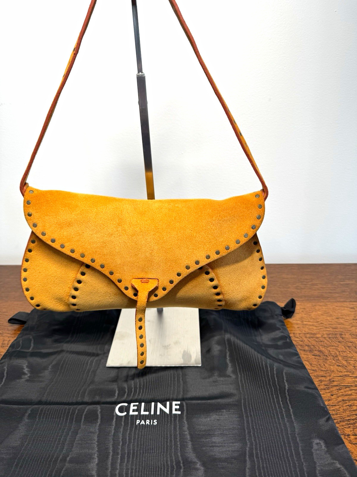 Celine Vintage Suede Poulbot Studded Shoulder Bag W/ COA & Dustbag
