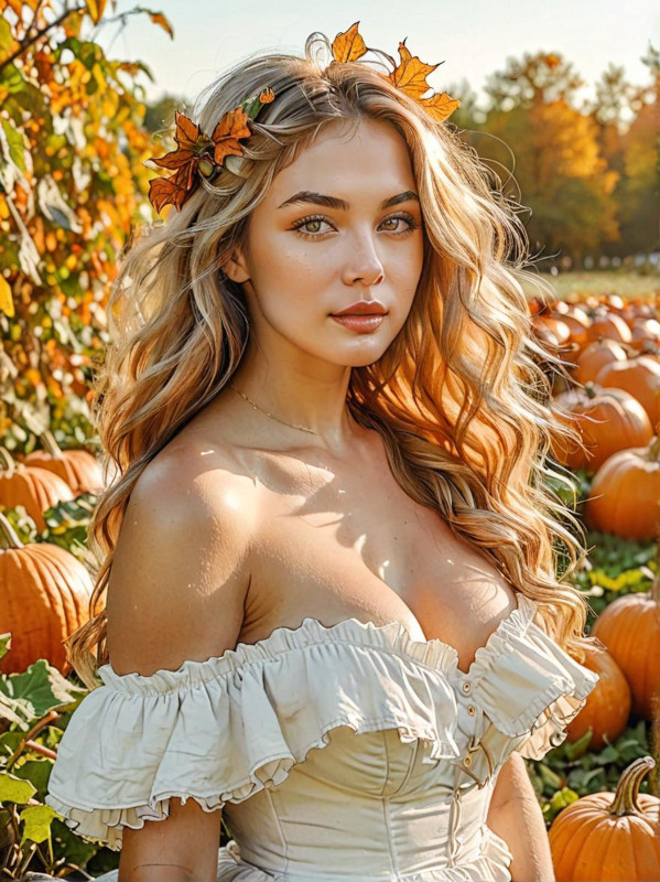 Beautiful Fall Autumn Pumpkin Patch Woman Portrait Poster Print 18 x 24 in B