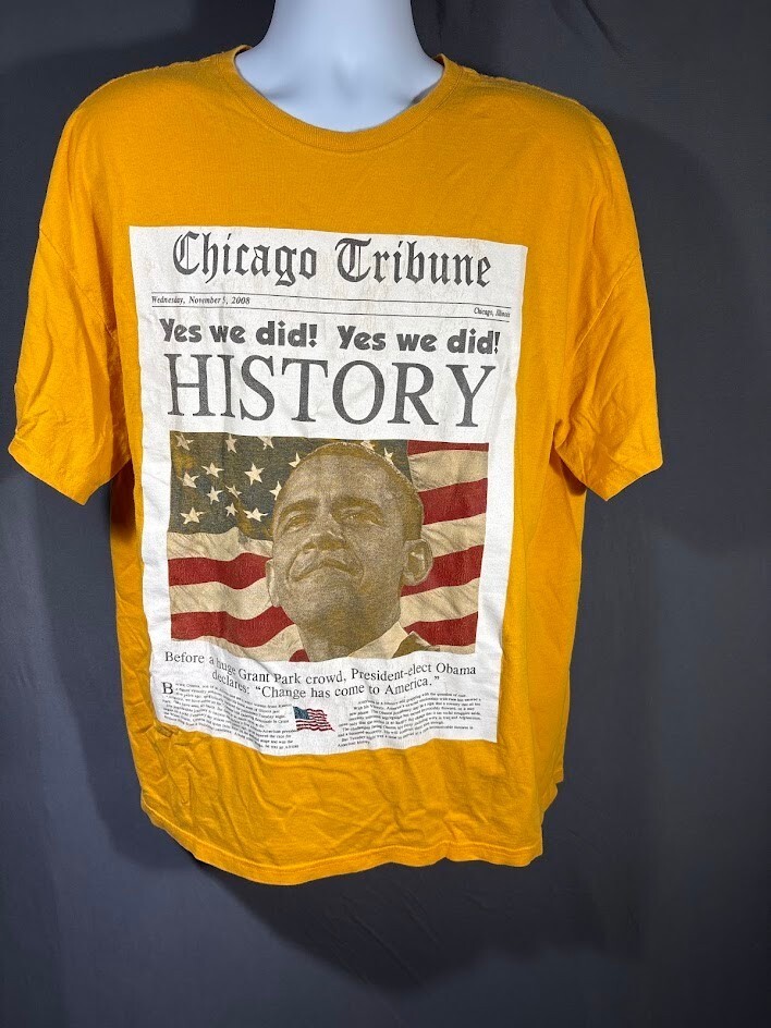 Vintage 2008 Barack Obama Chicago Tribune Yes We Did Shirt Gold Yellow Mens 2XL