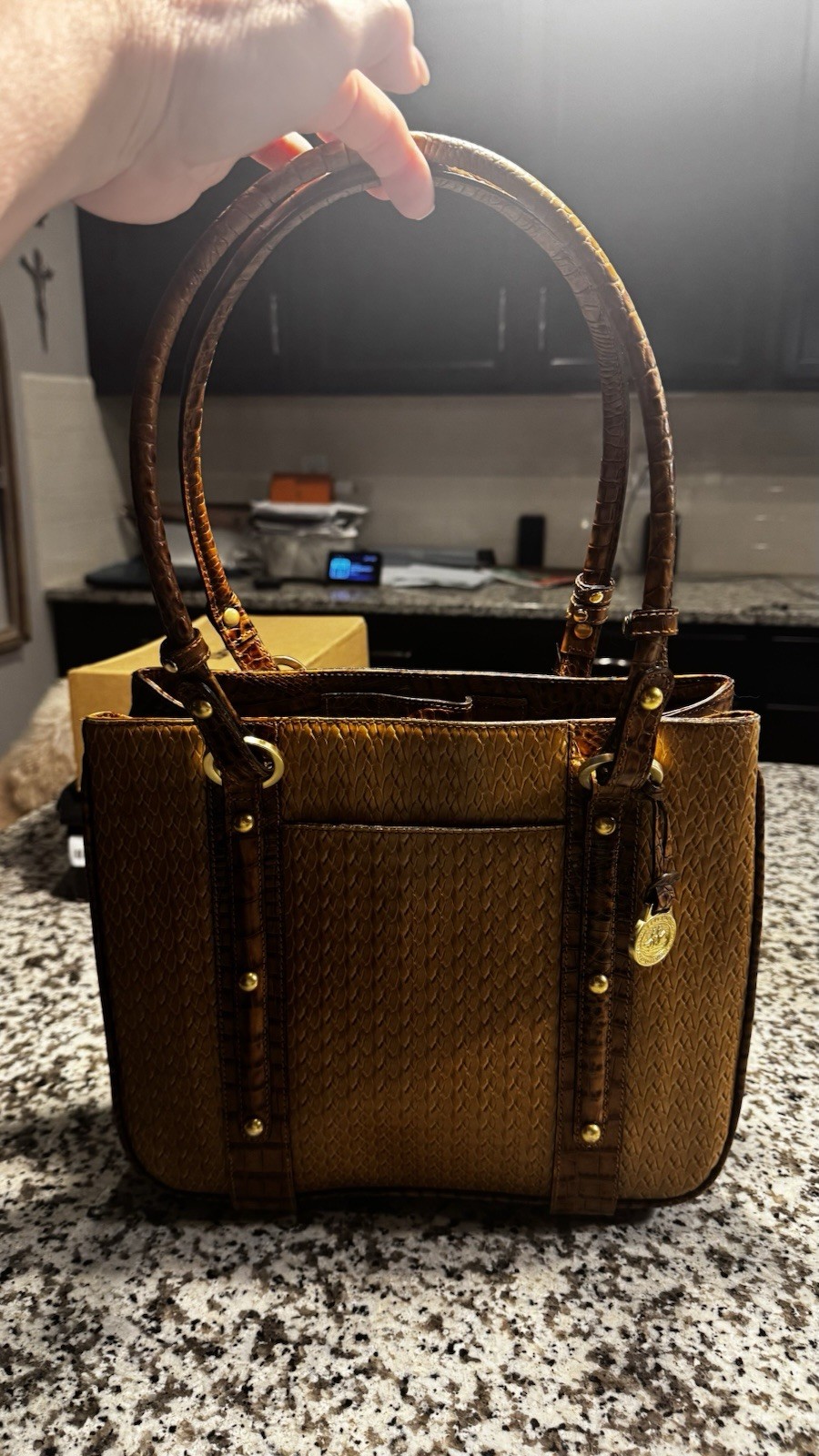 Brahmin Brown Embossed Satchel Double Handles Zip Gold Bag Charm Classic Clean Brahmin Brown Embossed Satchel Double Handles Zip Gold Bag Charm Classic Clean