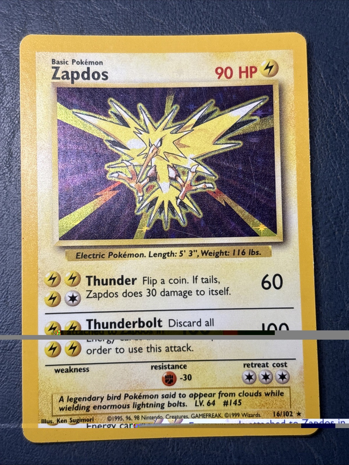 Pokémon TCG Zapdos Holo Card 016/102 Base Set. Pre-Owned