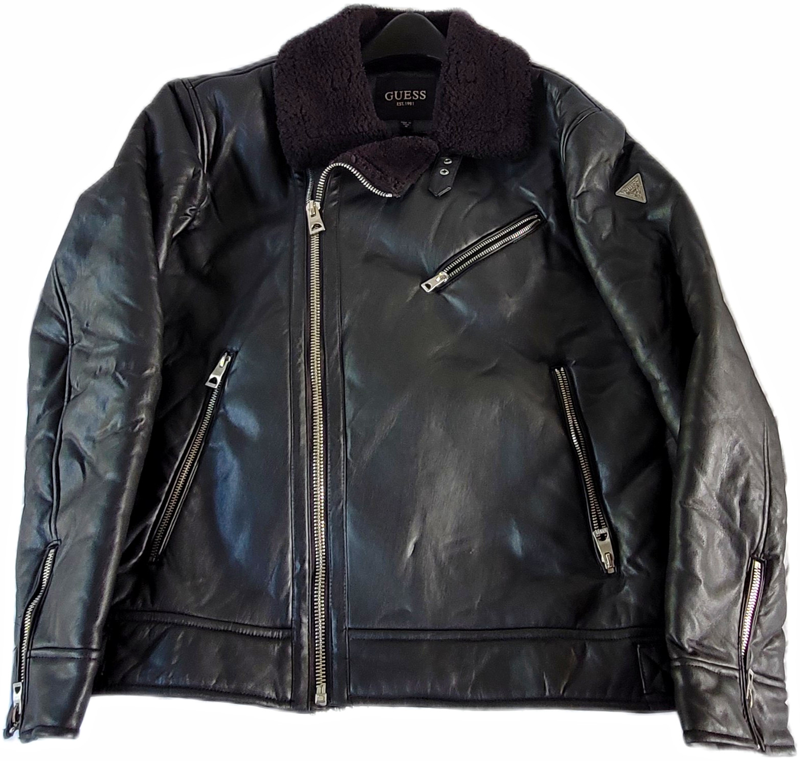 Guess Men\'s Size M Black Sherpa Lined Vegan Leather Moto Zip Bomber Jacket - New
