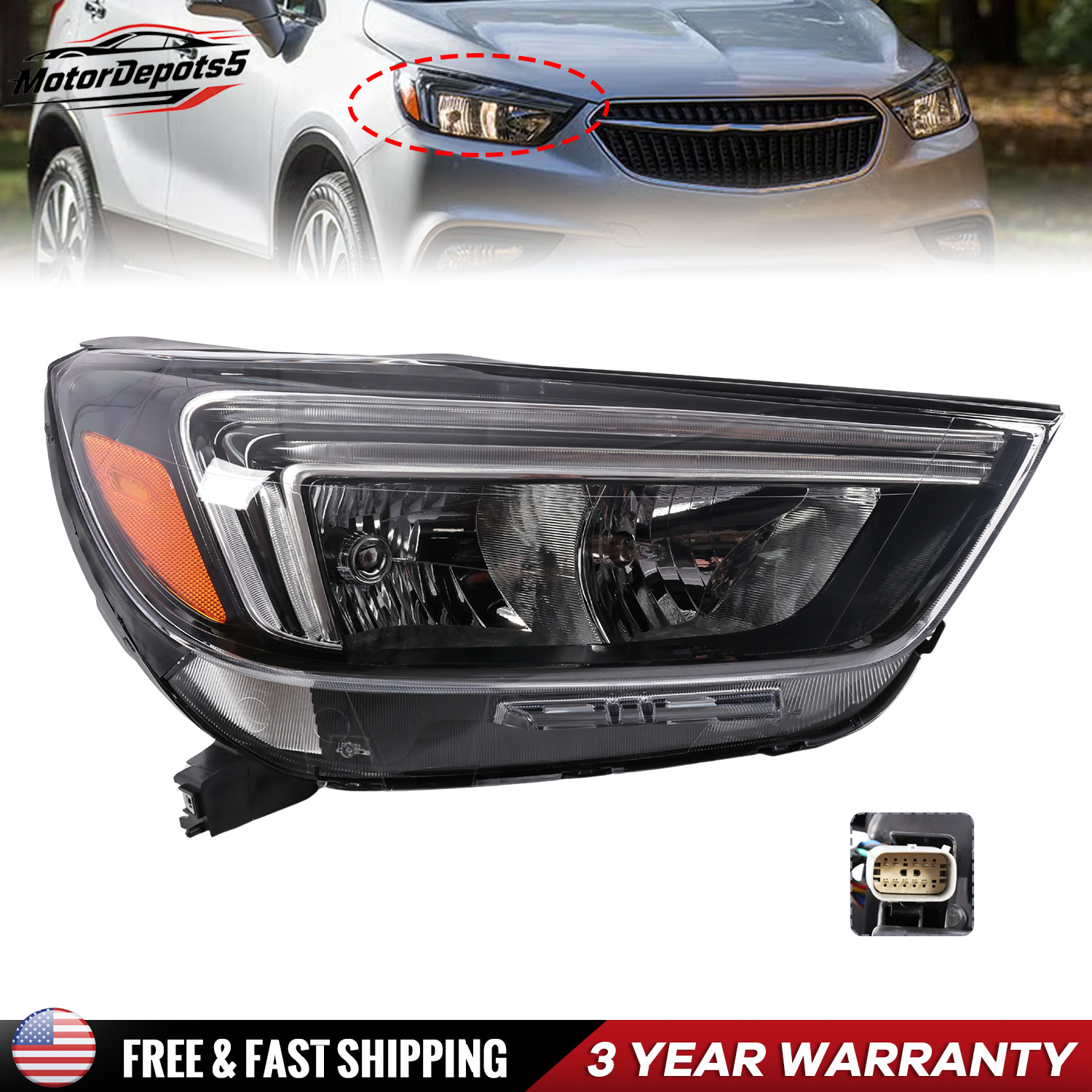 For Buick Encore 2017-2022 Passenger Side Halogen Headlight w/ LED DRL & Bulb