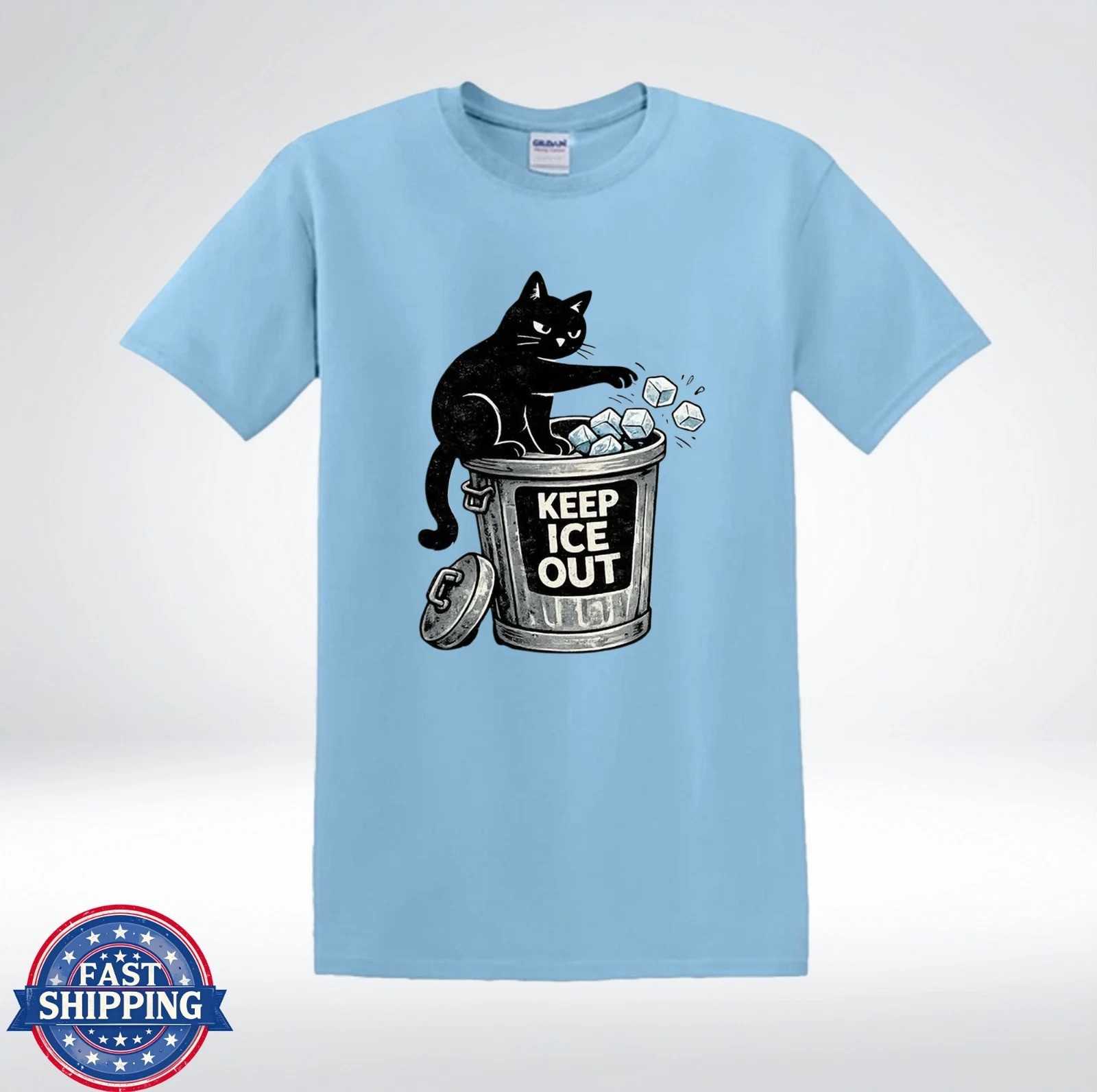 Gildan Men\'s Blue Crew Neck Short Sleeve Graphic T-Shirt Black Cat Keep Ice Out