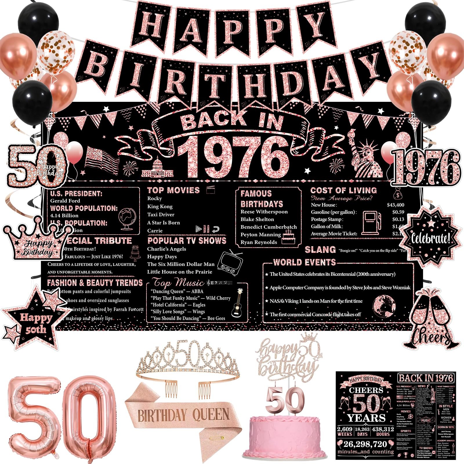 50th Birthday Decorations, Rose Gold Black Back in 1976 Party Supplies Kit with