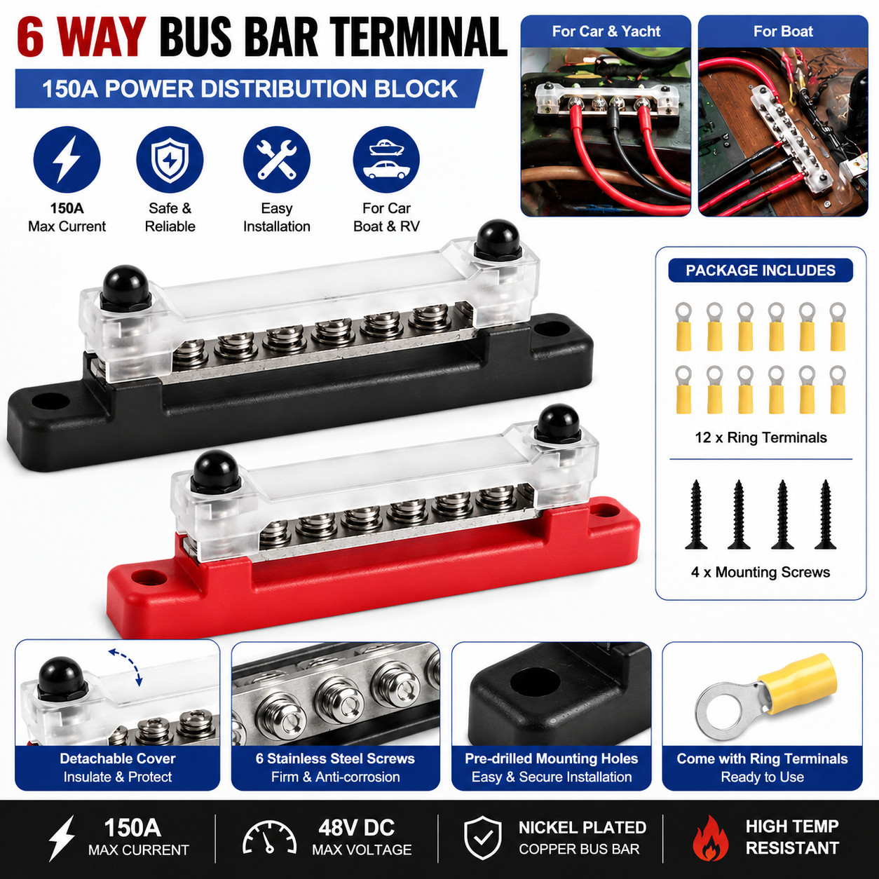 6 Way Bus Bar Terminal 150A Screws Power Distribution Battery Block For Car Boat