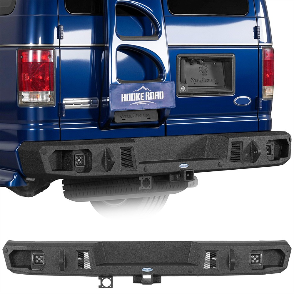 Fit 1992-2014 Ford E-350 Offroad Rear Back Bumper w/ LED Lights &Hitch Receiver