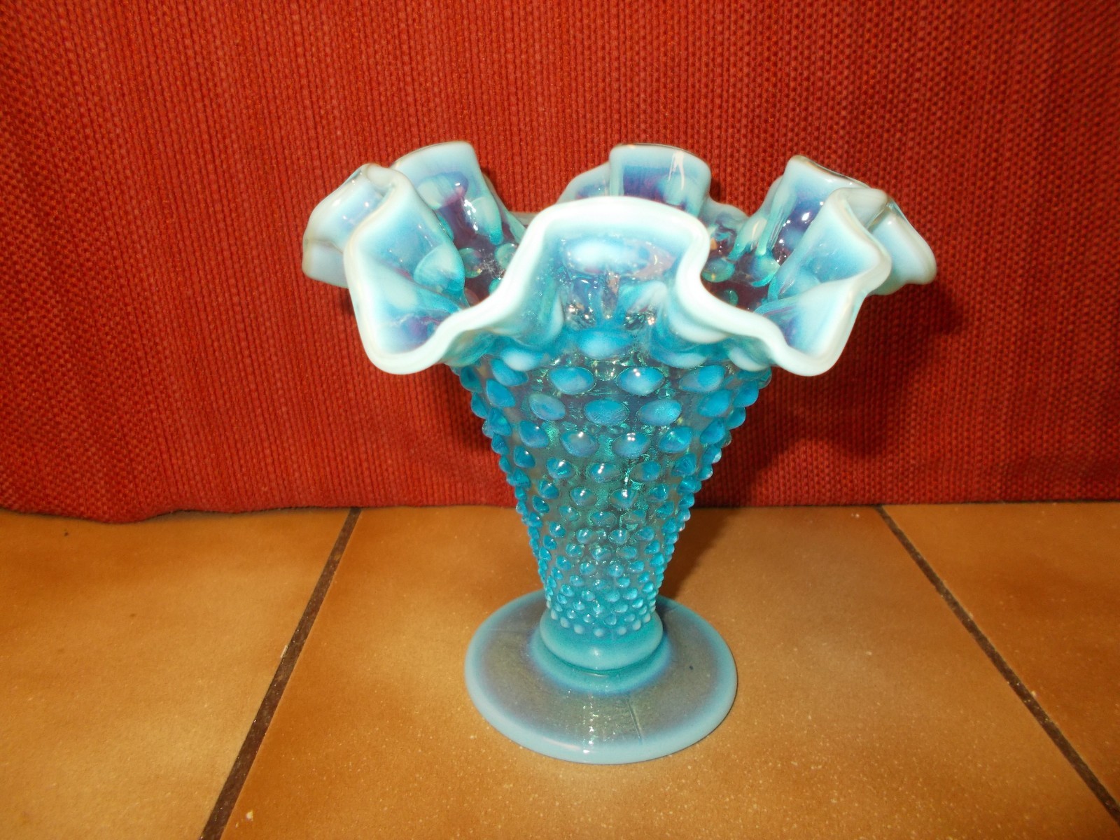 Fenton Vintage Blue Opalescent Glass Hobnail Ruffled Trumpet Vase 5.5in Fenton Vintage Blue Opalescent Glass Hobnail Ruffled Trumpet Vase 5.5in