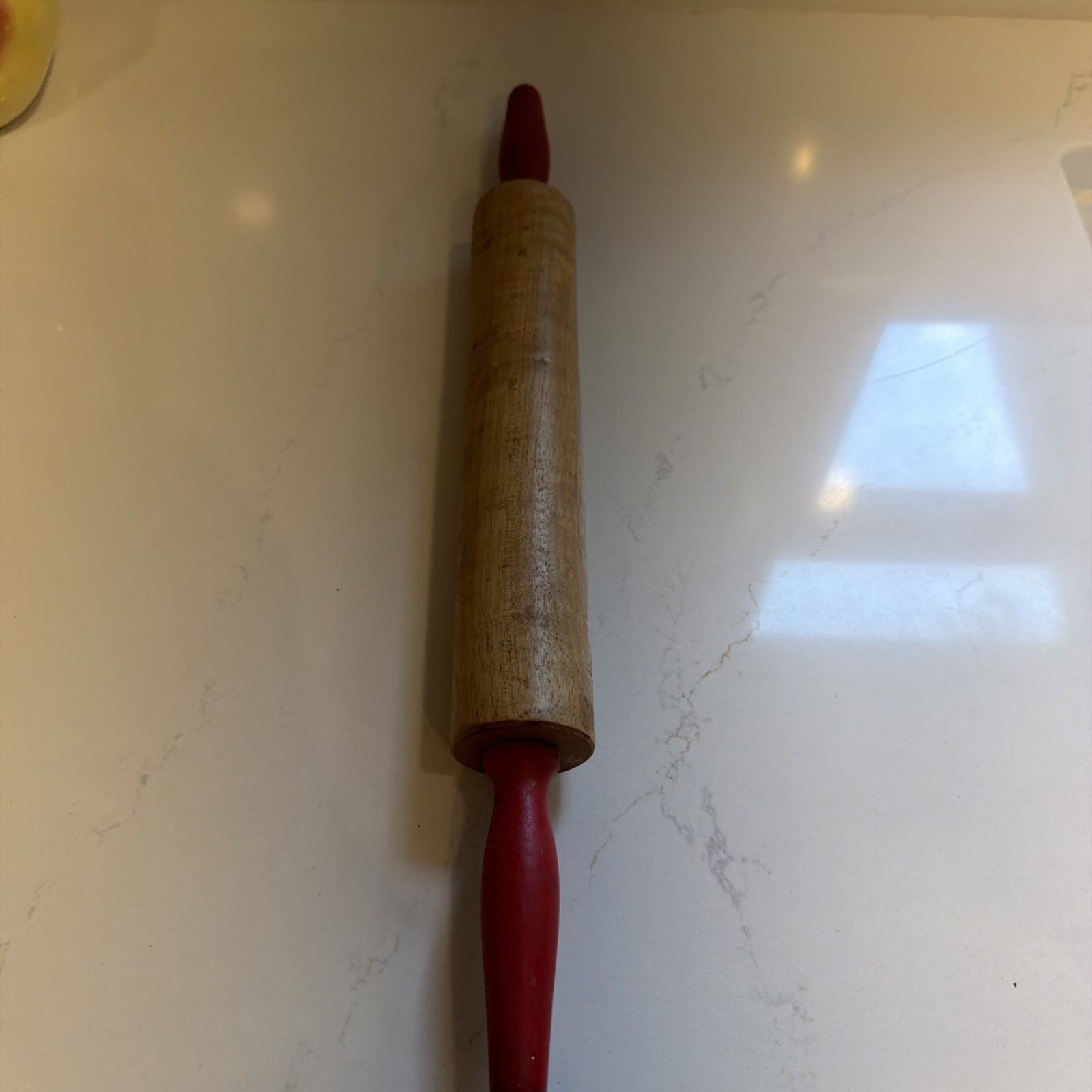 Vintage Wooden Maple Rolling Pin With wood Red Handles 17.5\ Vintage Wooden Maple Rolling Pin With wood Red Handles 17.5\