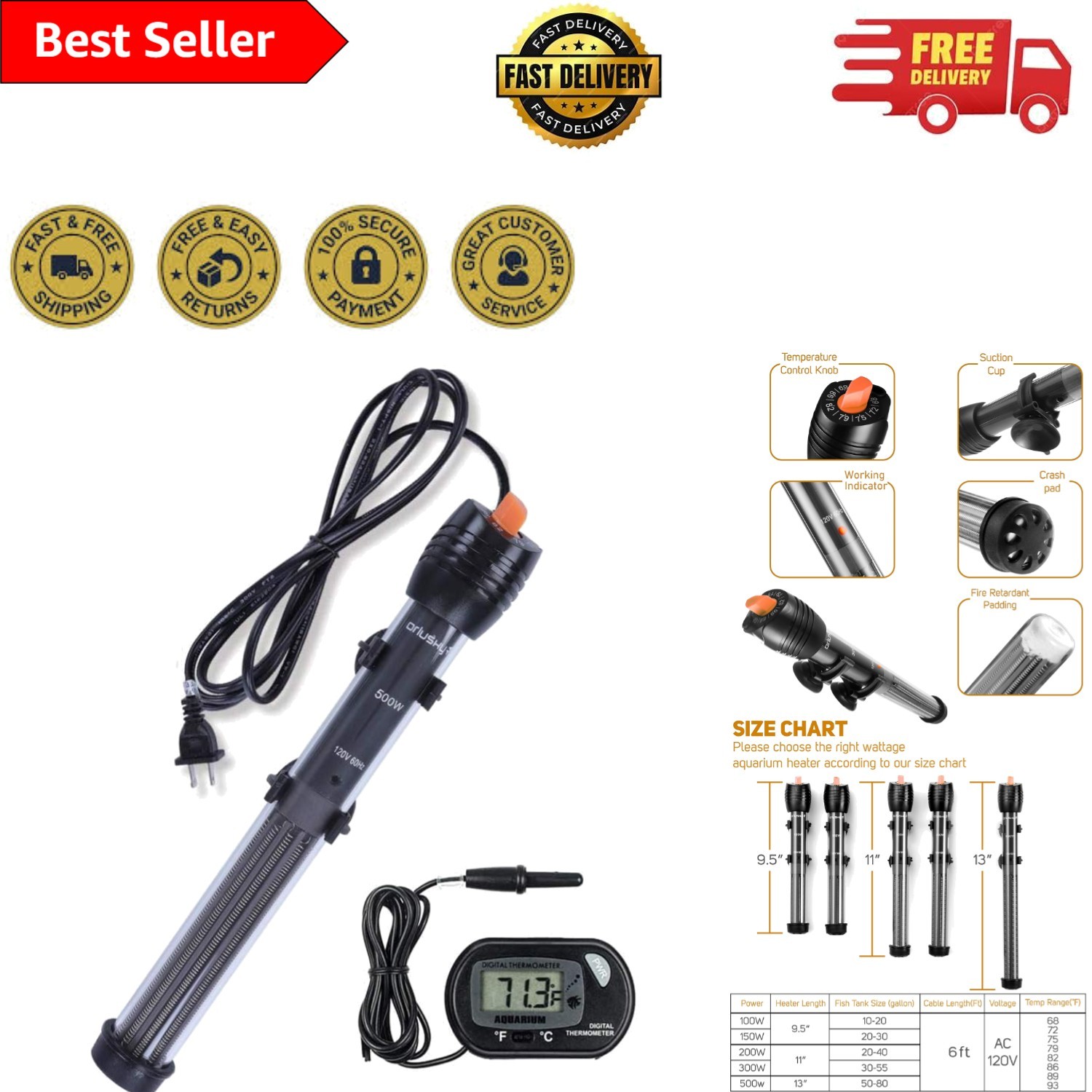 500W Fish Tank Heater with Adjustable Thermostat and Free Thermometer