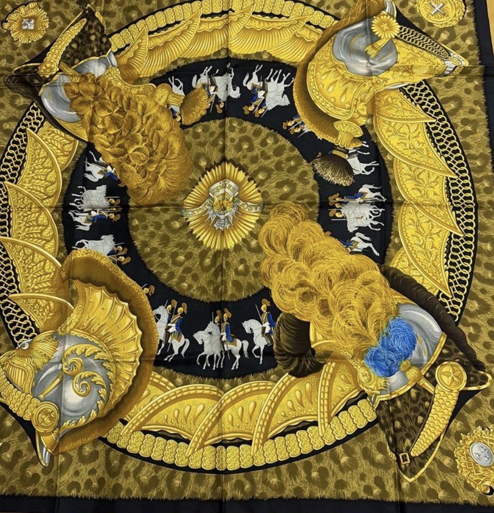Hermès Carré 90 Casques et Plumets Silk Scarf Gold 1989 Hermès Carré 90 Casques et Plumets Silk Scarf Gold 1989