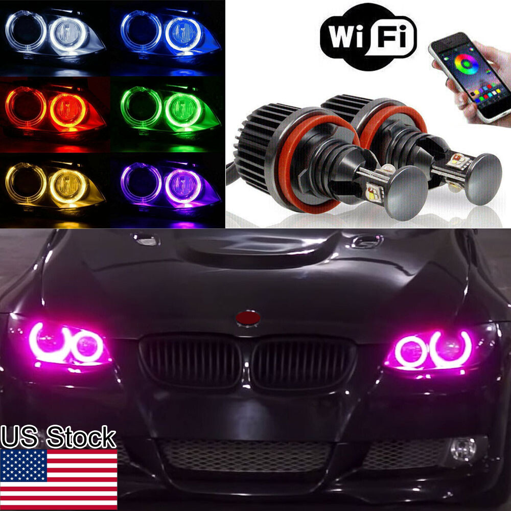 2x H8 LED RGB Angel Eyes Halo Ring Bulb Phone Control For BMW E90 E92 335i X5 X6