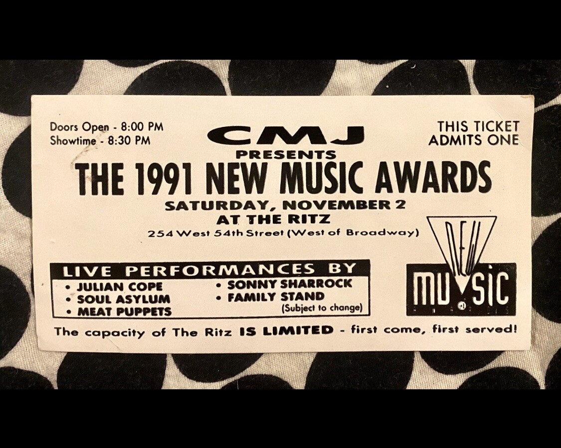 CMJ NEW MUSIC AWARDS - NOV 2, 1991 - AT THE RITZ - COLLEGE MUSIC JOURNAL -TICKET
