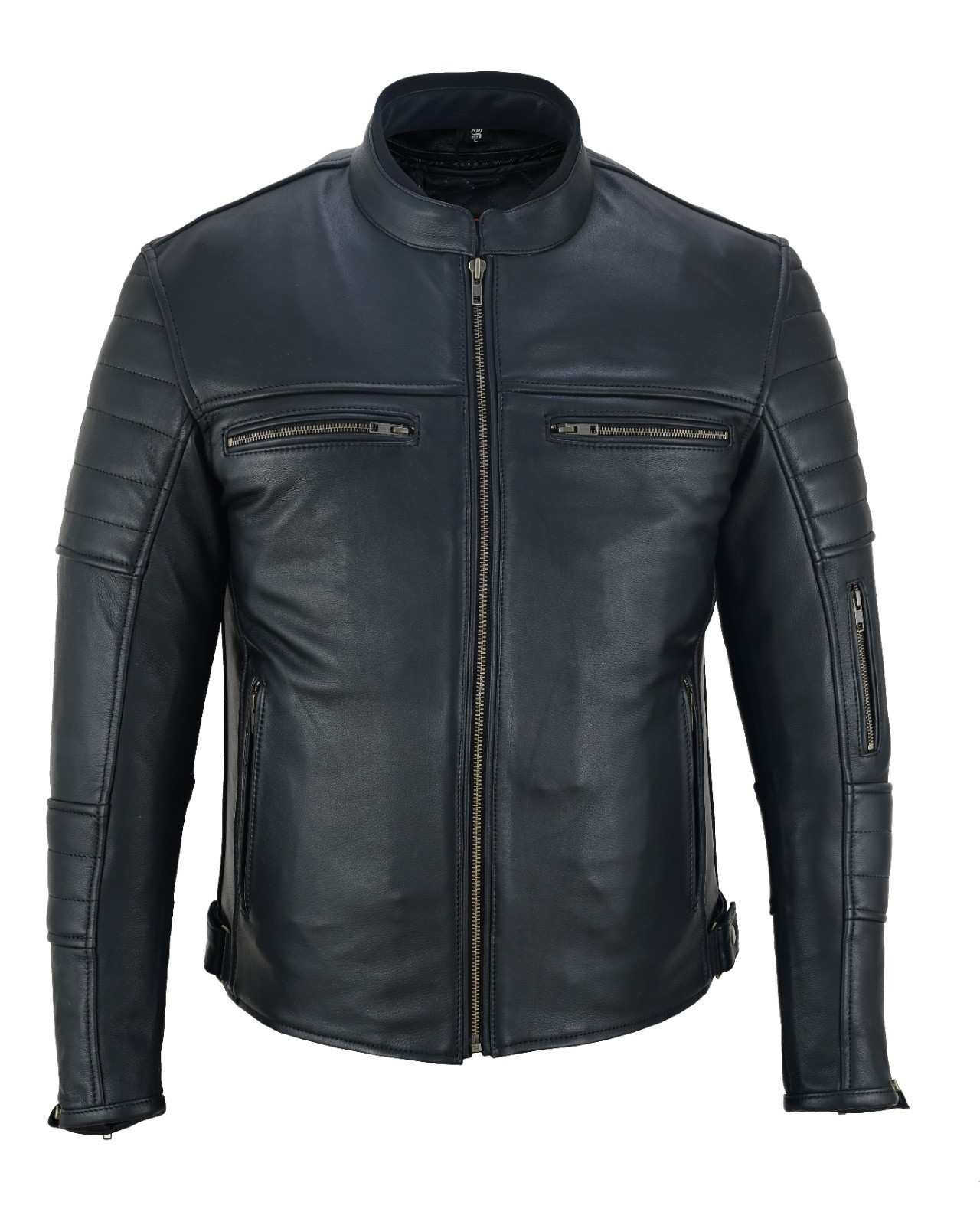 Men's motorbike Riding Cowhide Paded Leather Jecket in black color with 2Pockets