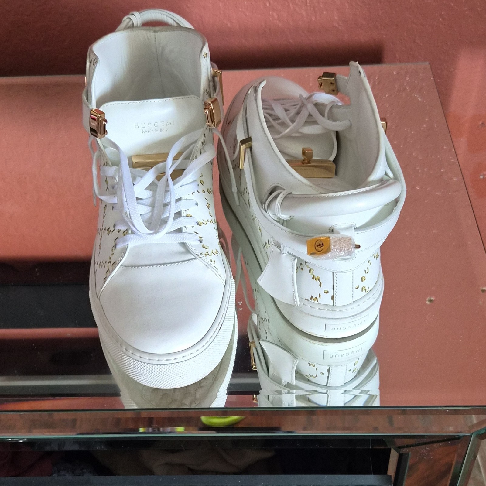 Buscemi White Gold Men\'s High-Top Lace-Up Ankle Strap Buckle Logo Sneakers