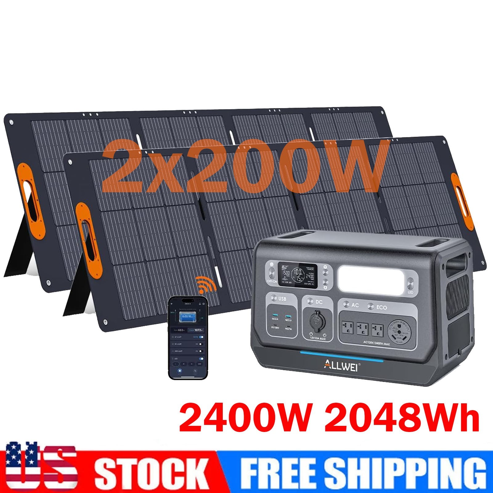 ALLWEI Portable Power Station 2400W/2048Wh Generator with 2*200W Solar Panel