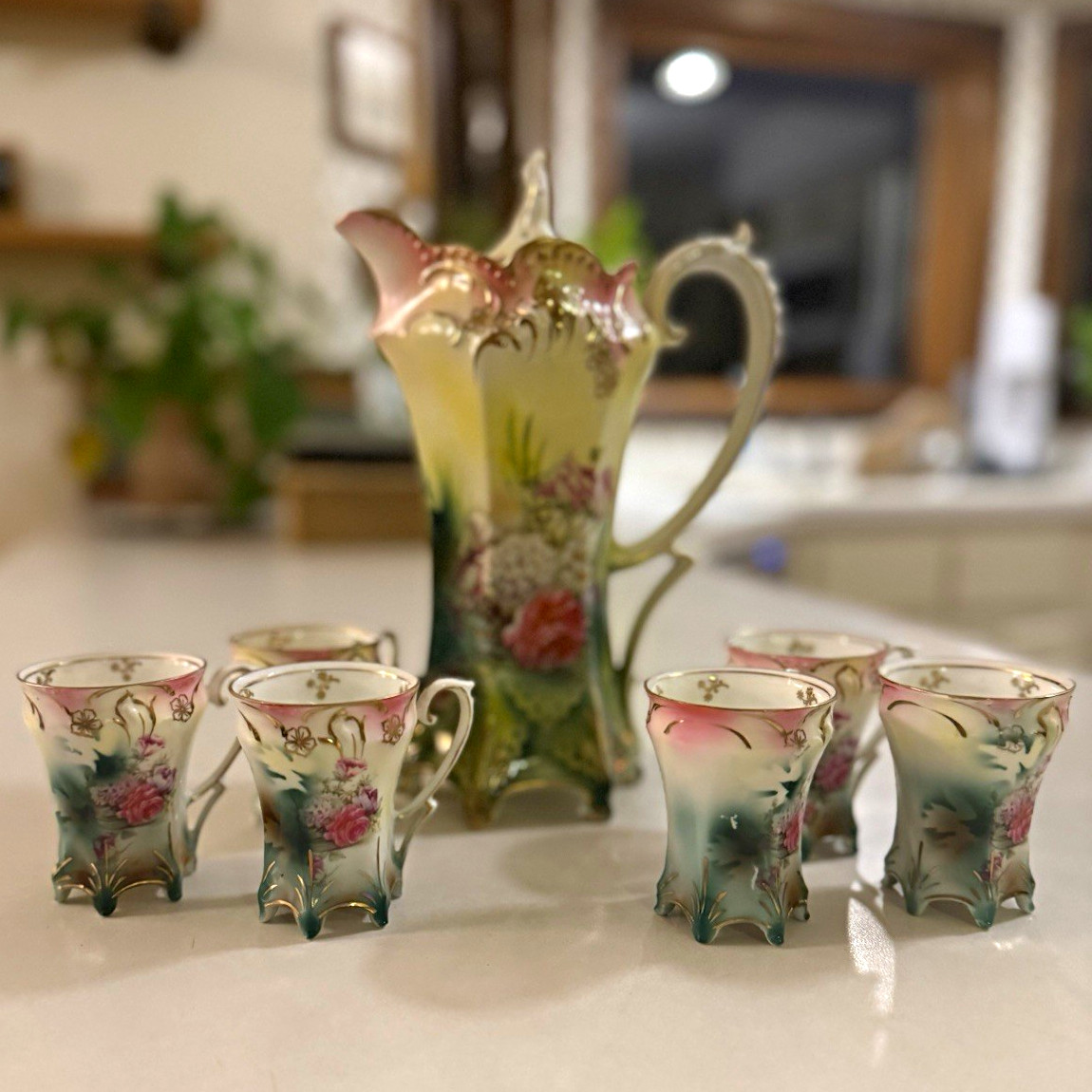 Antique R.S. Prussia Chocolate Pot Set - Authentic Red Wreath Mark 7pc Set Roses Antique R.S. Prussia Chocolate Pot Set - Authentic Red Wreath Mark 7pc Set Roses