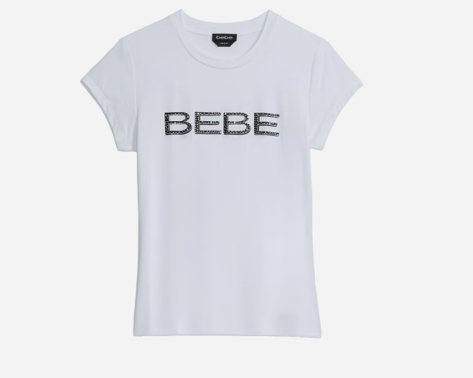 New $39.00 BEBE Women\'s Dazzling Rhinestone Logo Short Sleeve T-Shirt - Size: L