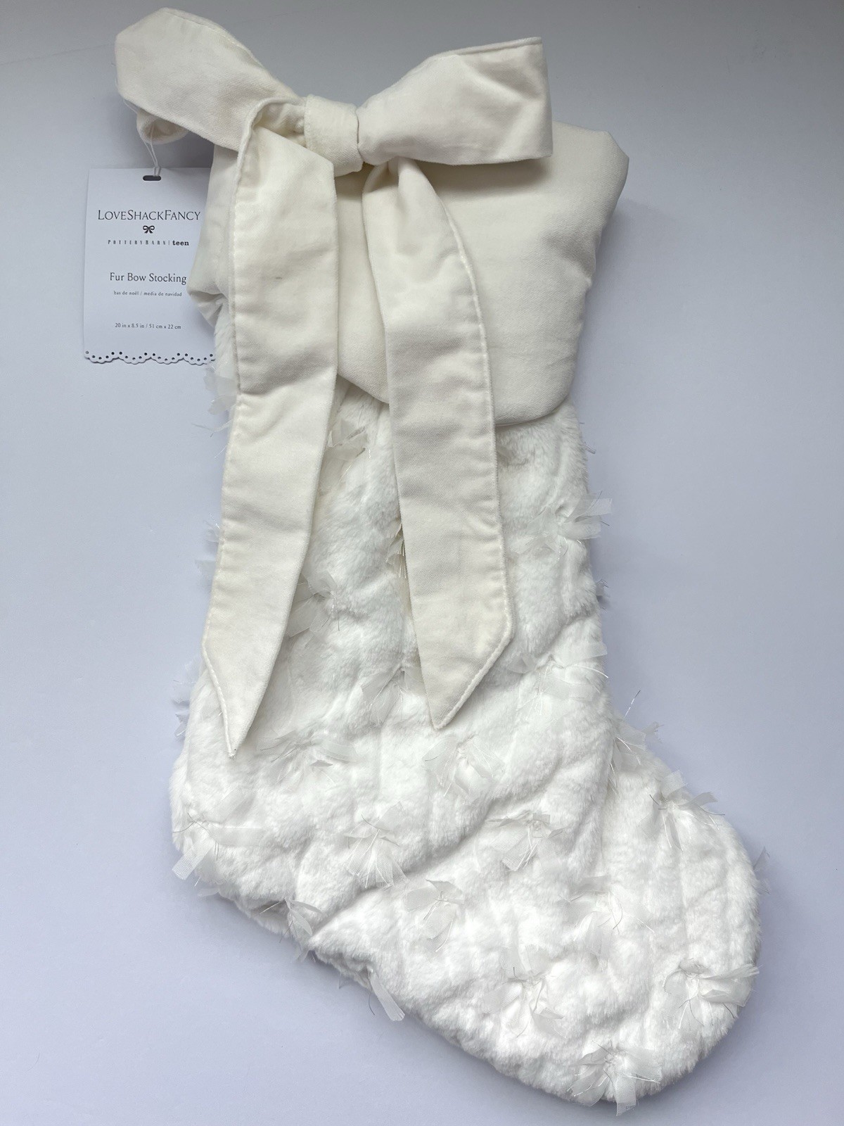 Pottery Barn Kids Love Shack Fancy Sweet Bow Fur Christmas Stocking Ivory New