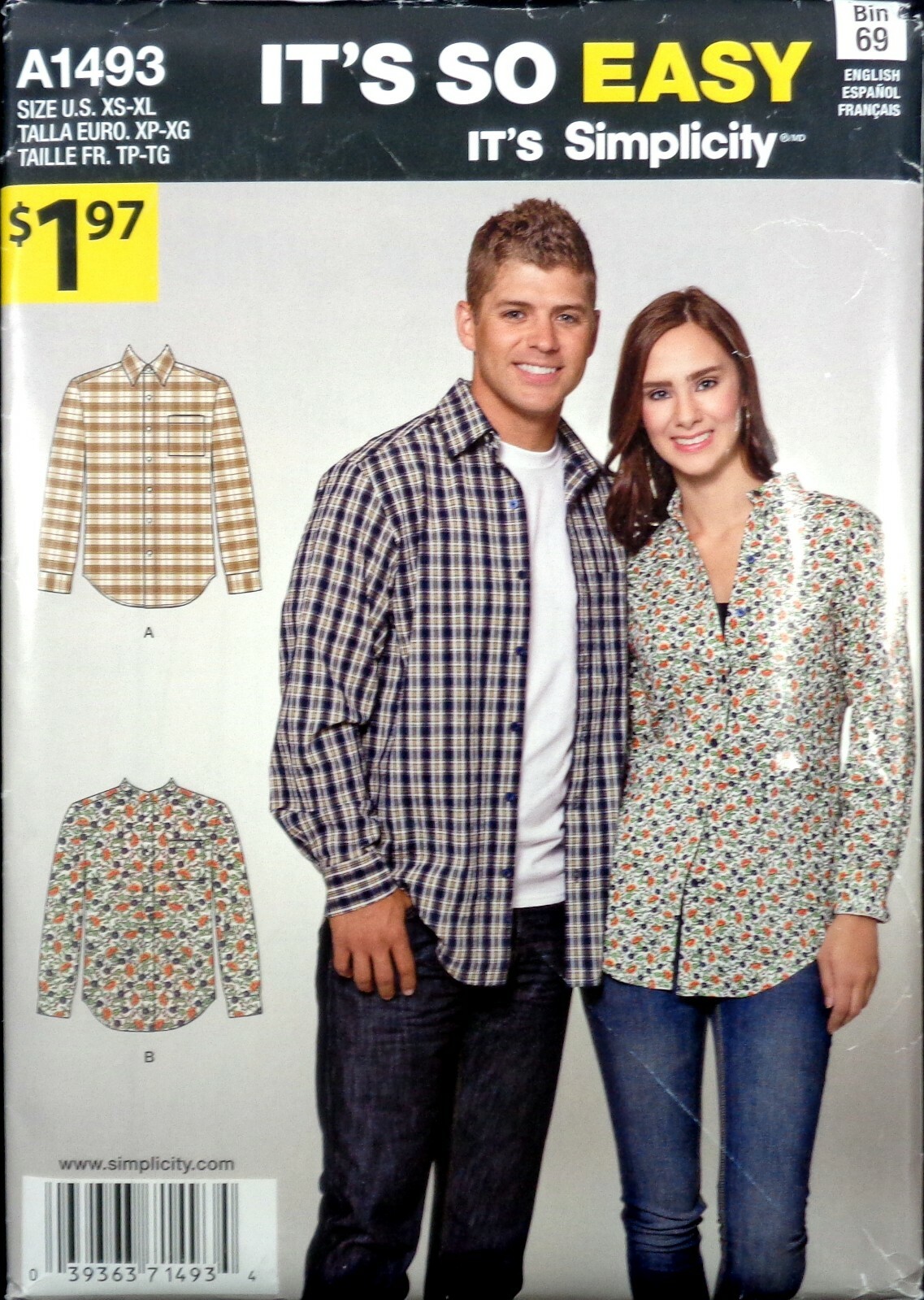 Simplicity pattern A1493 Misses\' & Men\'s Shirt size XS-XL