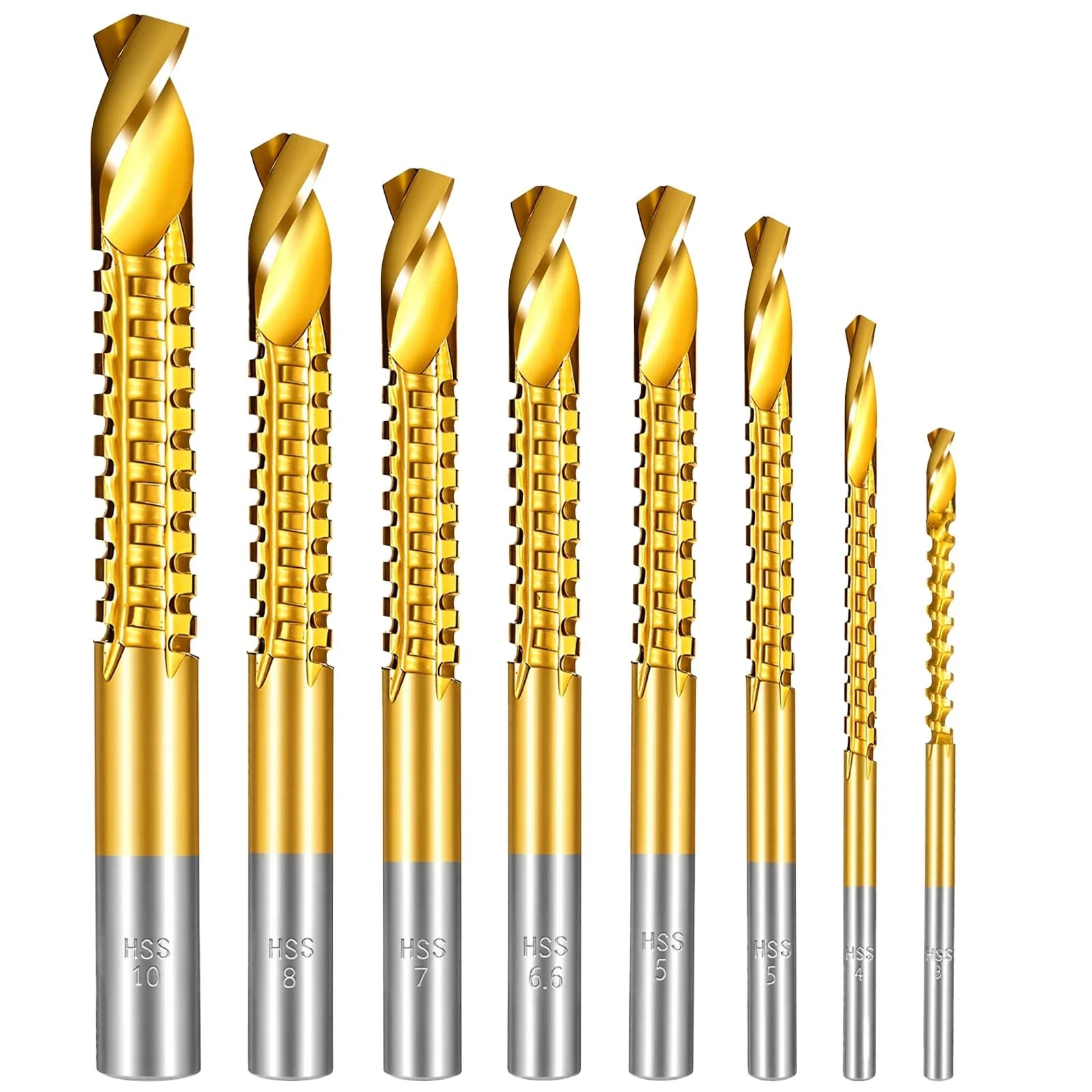 8 Pack Titanium Coated HSS Twist Drill Bits, 3-10Mm Serrated Side Cutting Drill 8 Pack Titanium Coated HSS Twist Drill Bits, 3-10Mm Serrated Side Cutting Drill