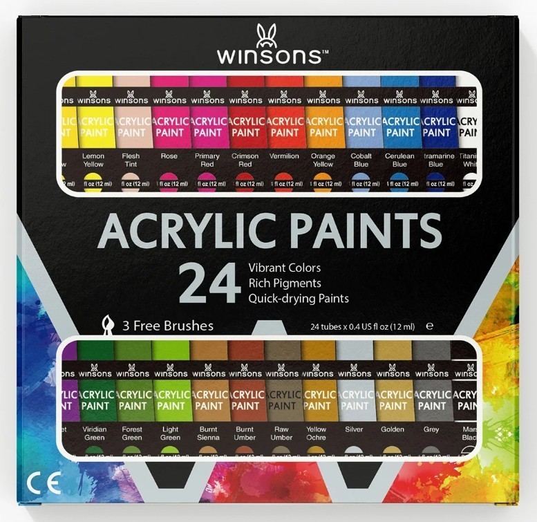 WINSONS Non Toxic 24 Colors Acrylic Paints Set 12ml With 3 Bonus Brushes
